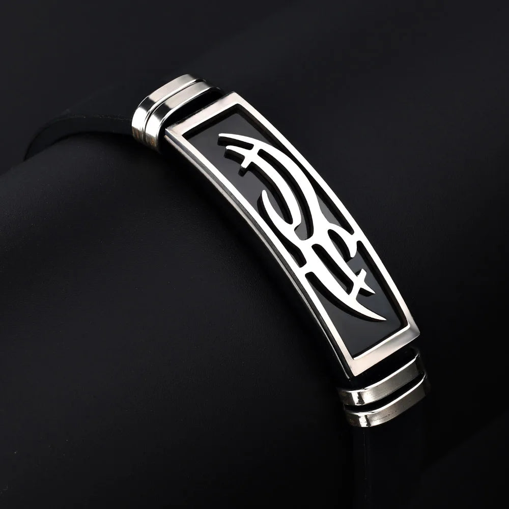 2024 Fashion Charm Jewelry Stainless Steel Flame Silicone Bracelet Men Vintage Titanium Steel Cuff Rubber Bracelet Pulsera