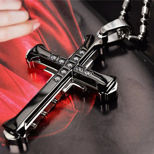 2024 New Male Crystal Cross Jesus Pendant Gold/Black/Blue Color Zirconia Cross Pendant Necklace Stainless Steel Jewelry