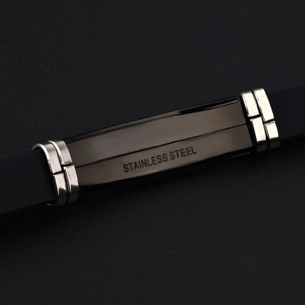 2024 Fashion Charm Jewelry Stainless Steel Flame Silicone Bracelet Men Vintage Titanium Steel Cuff Rubber Bracelet Pulsera