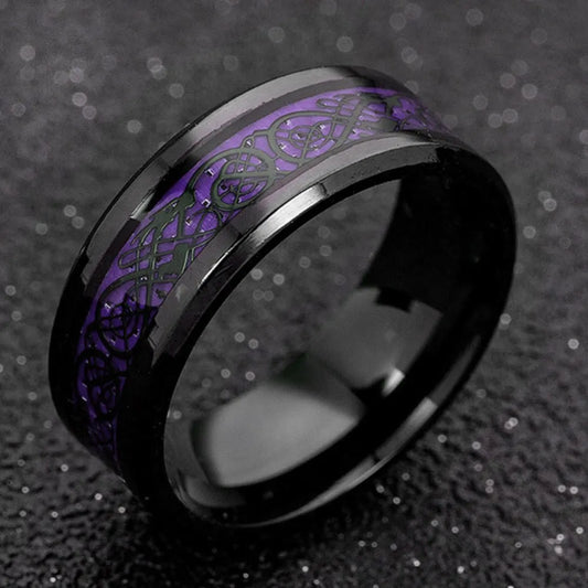 2023 Fashion Men Stainless Steel Dragon Ring Inlay Purple Black Carbon Fiber Ring Wedding Band Jewelry 8MM
