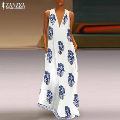 ZANZEA 2023 Bohemian Print Dress Women's Summer Sundress  Fashion Sexy V Neck Sleeveless Maxi Vestidos Female Floral Robe Femme