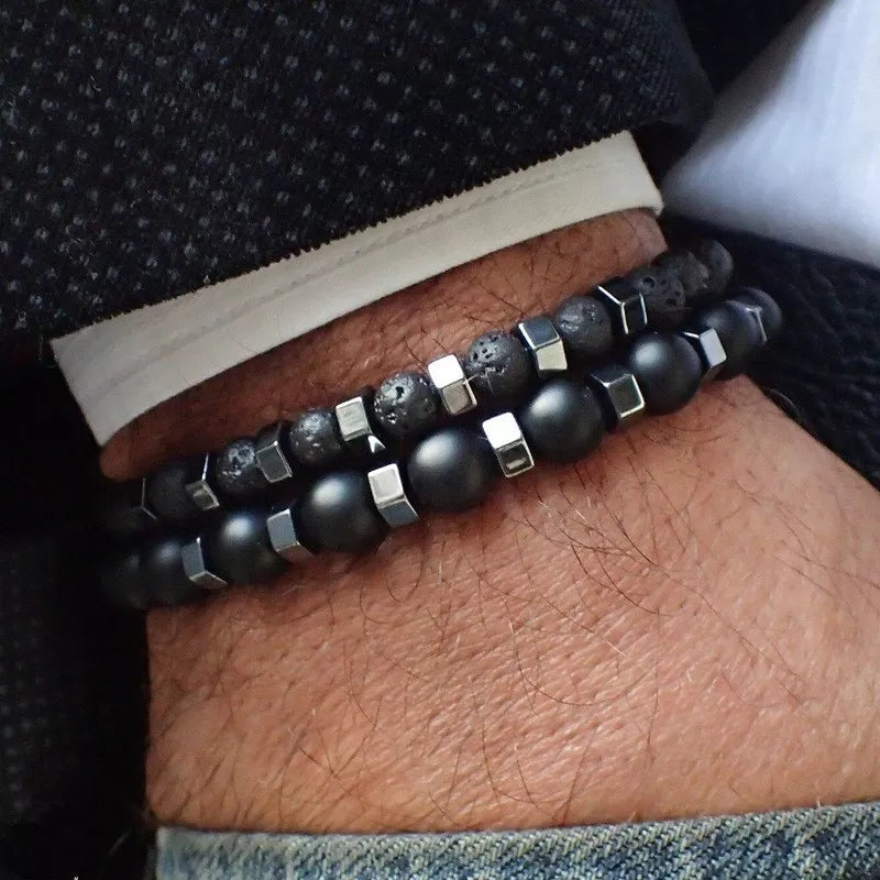 2pcs/set Beaded Bracelet Men 8mm Lava Tiger Eye Stone Bead Charm Men Bracelet Sets Jewelry Gift Pulsera Hombre