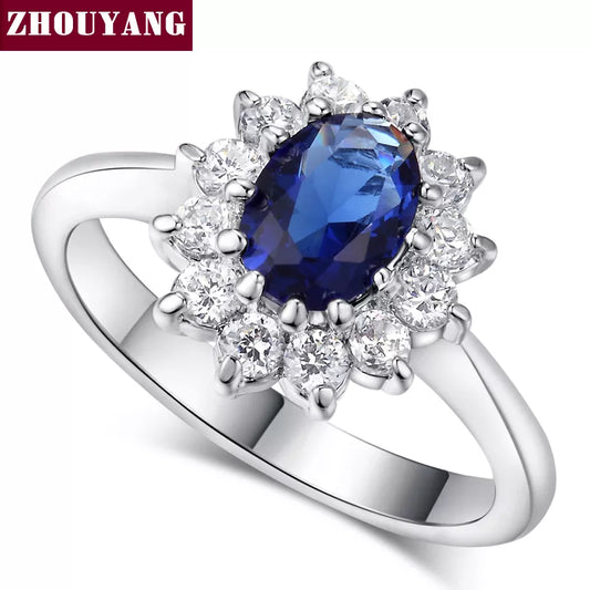 ZHOUYANG Princess Kate Blue Gem Created Blue Crystal Silver Color Wedding Finger Crystal Ring Brand Jewelry for Women ZYR076