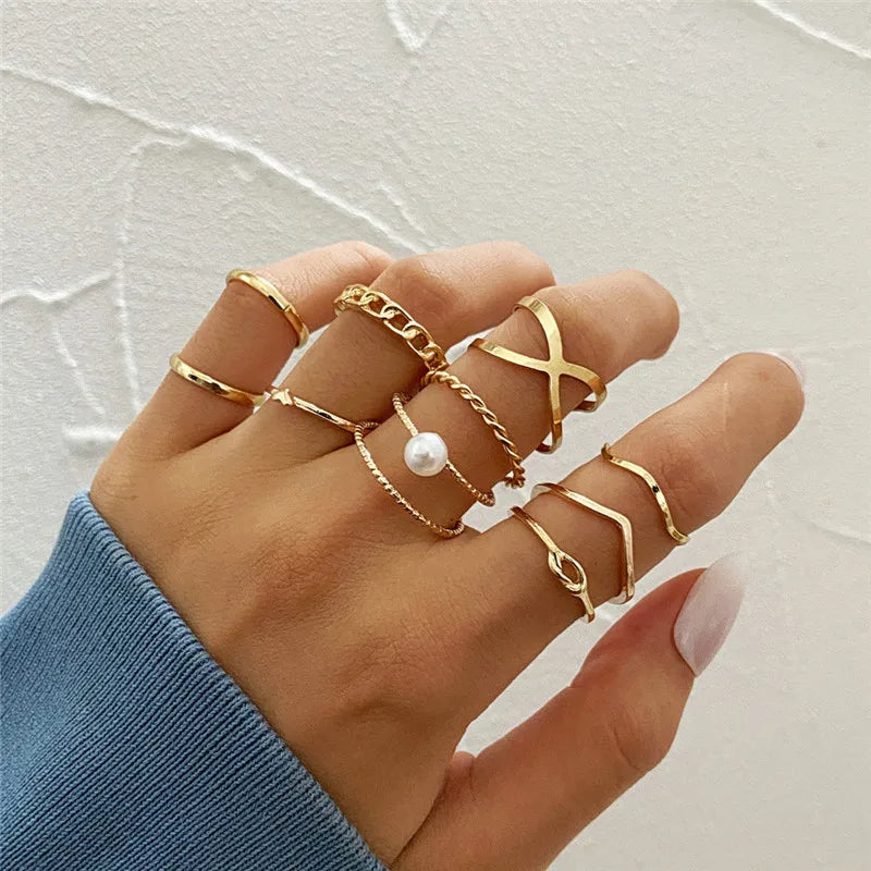 10pcs Punk Gold Color Chain Rings Set For Women Girls Fashion Irregular Finger Thin Rings Gift 2021 Female Knuckle Jewelry Party