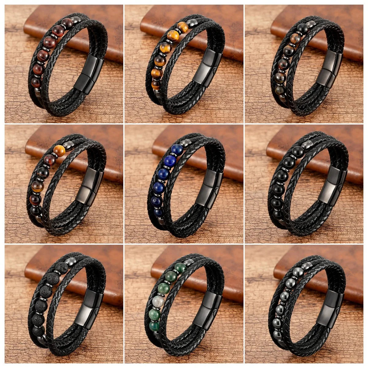 2021 Trendy Multilayer Leather Bracelets Men Jewelry 9 Style Round Stone 8mm Beaded Bracelets For Male Women Valentine Day Gifts