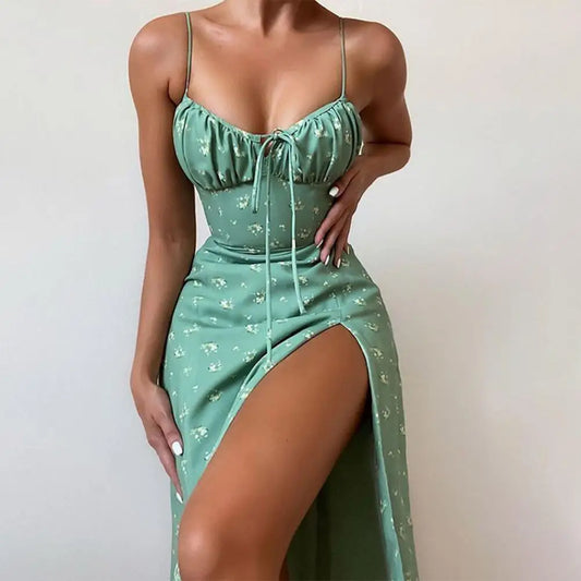 2024 New Summer Women's Sexy Slim Fit Sleeveless High Waist Fashion Floral Fold Lace Up Split Hanging Strap Floral Print Dress