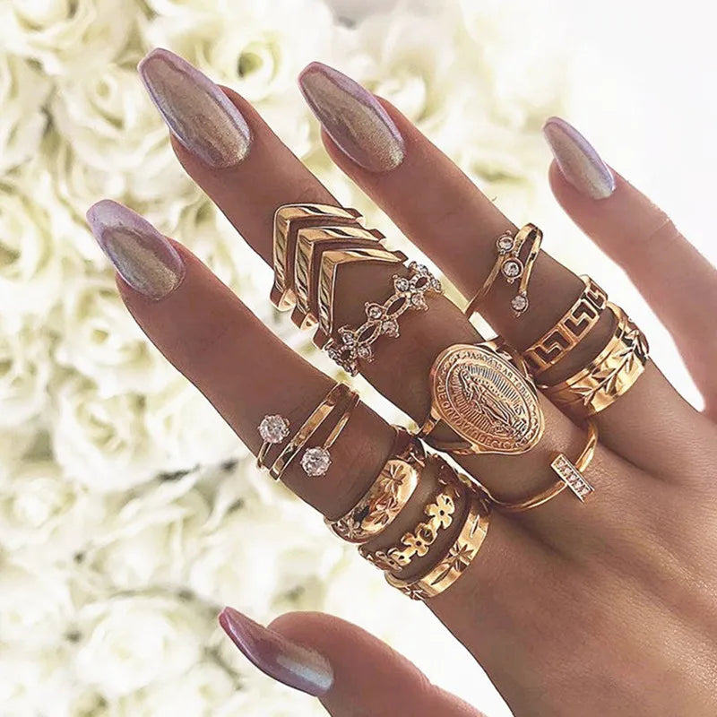 15pcs/set Hiphop Women Rings Sets Blue Crystal Antique Color Female Rings Moon Heart Butterfly Rings Party Gift anillos mujer