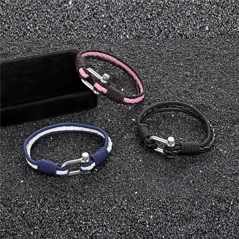 2023 New Stainless Steel Bracelet Men Women Nautical Survival Leather Wristband Colorful Braided Rope Bracelet Jewelry Gift