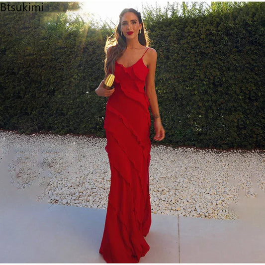 2024 Women's Ruffles Chiffon Maxi Dresses Backlesss Split Sexy Porm Dress Red Long Summer Wedding Party Dress Elegant Vestidos