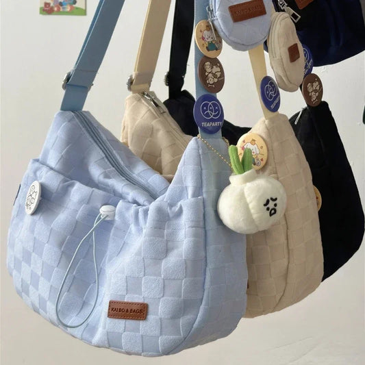 Xiuya Harajuku Style College Crossbody Bag Solid Color Plaid Print Large Capacity Shoulder Bag New Cute Fashion Designer Handbag