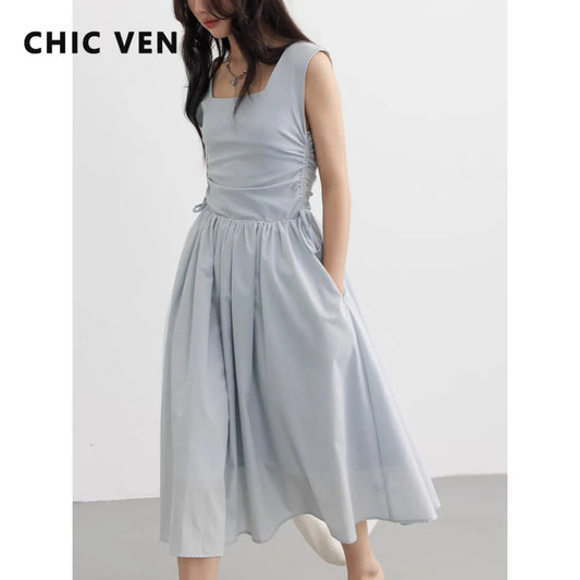 CHIC VEN Women's Dresses A Line Pullover Casual Square Neck Drawstring Patchwork Sleeveless Dress for Girl Solid Summer 2023