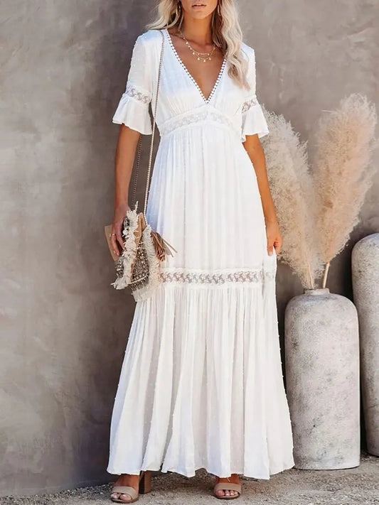 Boho White Lace Dress Women Summer Short Sleeve V Neck Long Dresses Ladies Elegant Casual Loose Hollow Out Beach Pleated Dress