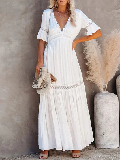 Boho White Lace Dress Women Summer Short Sleeve V Neck Long Dresses Ladies Elegant Casual Loose Hollow Out Beach Pleated Dress