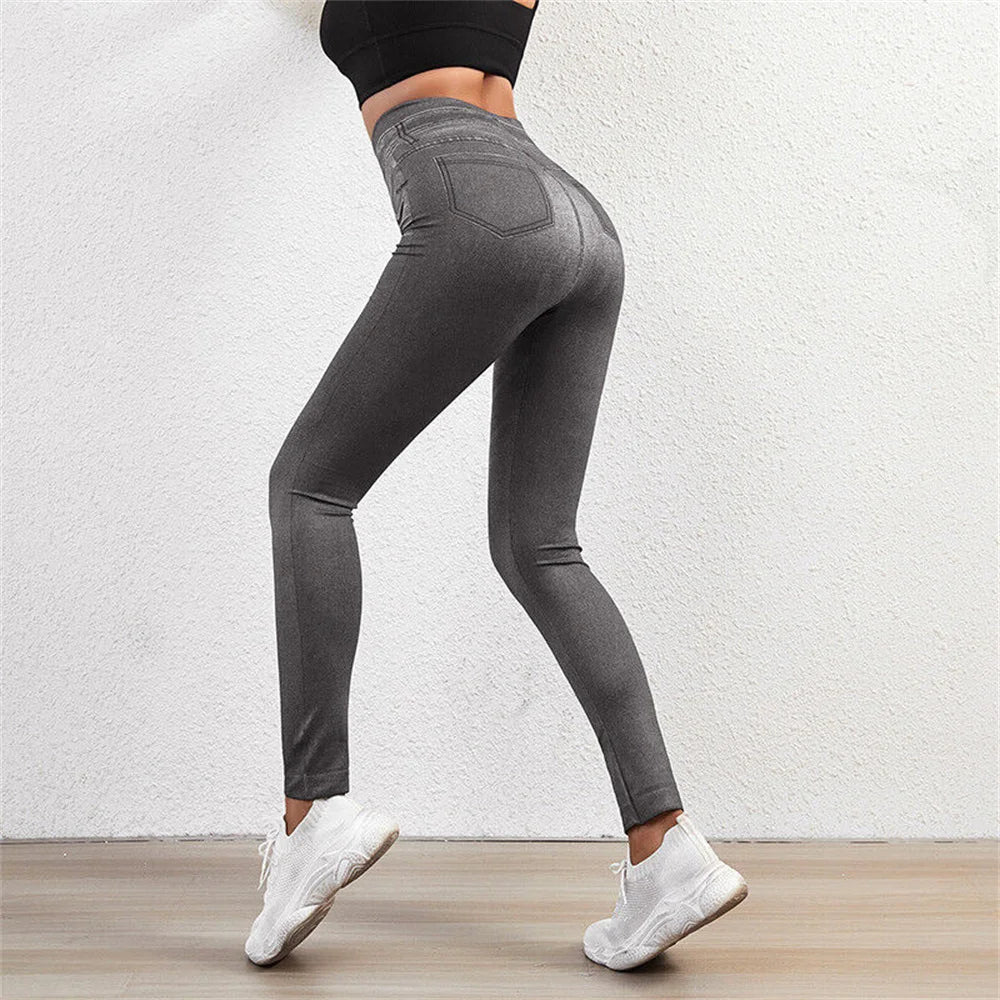 Women Jeggings Imitation Denim Leggings Elastic Slim Fit Buttocks Pants High Waist Tummy Control Seamless Elastic Yoga Leggings