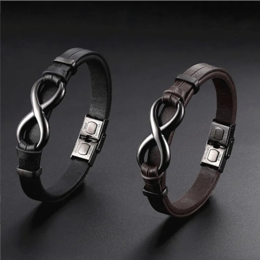 2023 Luxury Genuine Leather Infinity Symbol Mens Bracelet Stainless Steel Buckle Couple Bangles Jewelry Digital 8 Bracelet Gifts