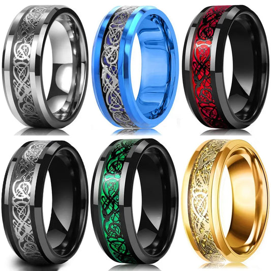 10 Colors 8mm Men's Stainless Steel Celtic Dragon Ring Inlay Red Green Black Carbon Fiber ring Wedding Band Jewelry Size 6-13