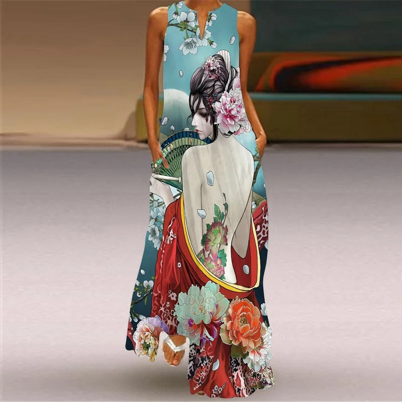 Elegant Women's Pocket Insert New Vintage Loose Fit Long Dress 2023 Women's V-neck Sexy Sleeveless Peacock Animal Print Vestidos
