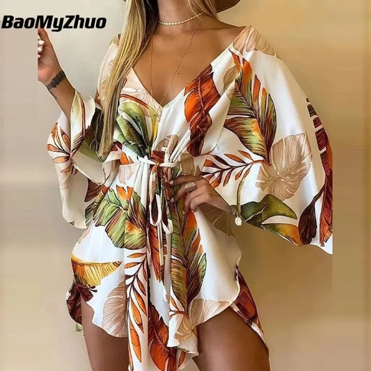 2024 New Summer Beach Elegant Women Dresses Sexy V Neck Lace-up Floral Print Mini Dress Casual Flared Sleeves Ladies Party Dress