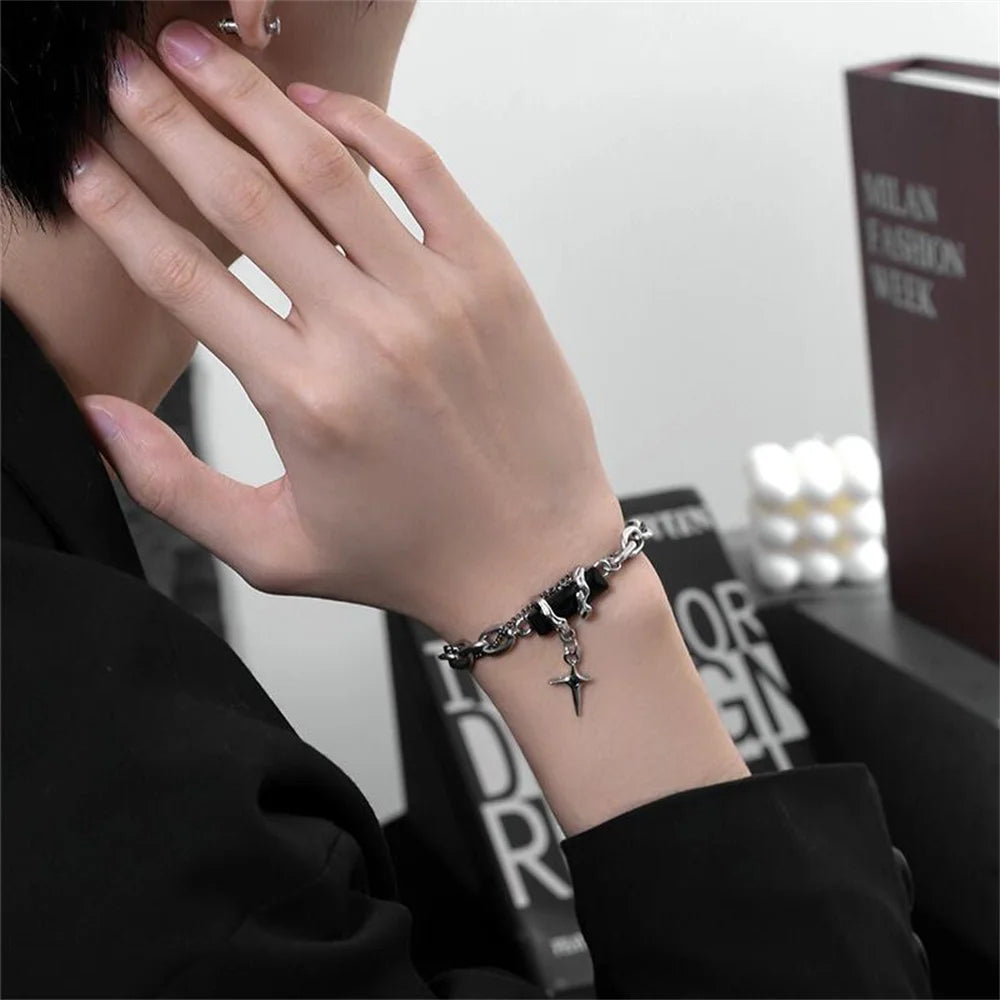 2023 Retro Black Zircon Star Bracelet For Women Men Trend Titanium Steel Punk Nk Chain Unisex Jewelry New Couple Accessories