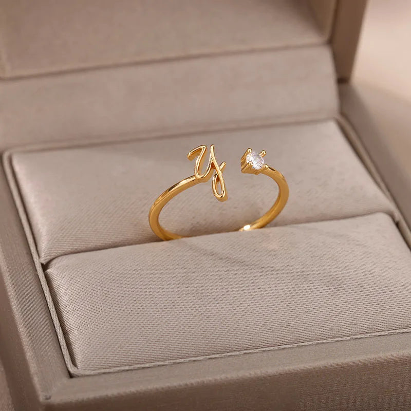 Zircon Initial Letter Rings For Women Stainless Steel Ring A-Z Letters Finger Ring Wedding Christmas Jewelry Gift Bijoux Femme