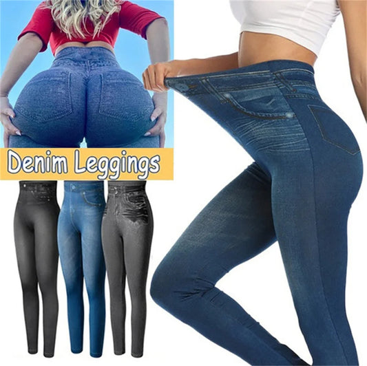 Women Jeggings Imitation Denim Leggings Elastic Slim Fit Buttocks Pants High Waist Tummy Control Seamless Elastic Yoga Leggings