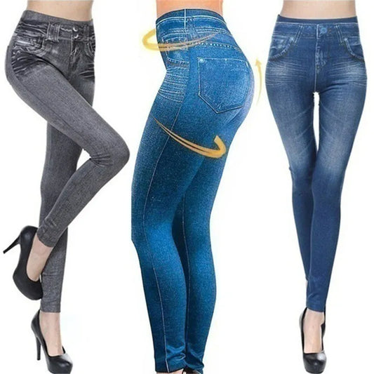 Fitness Fake Pockets High Waist Leggings Faux Denim Jeans Sexy Elastic Jeggings Soft Casual Thin Pencil Pants