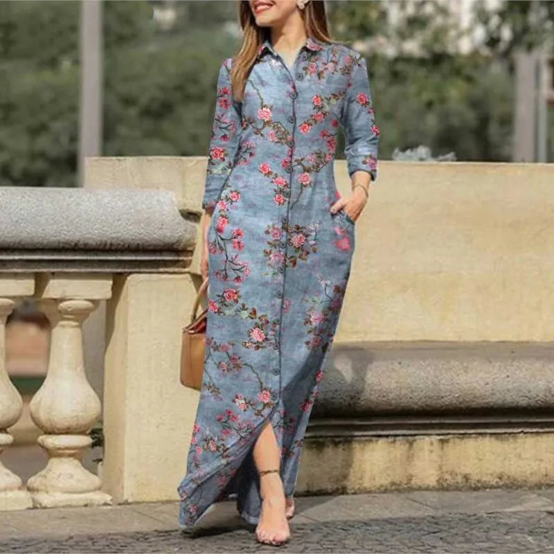 Elegant Women's Autumn/Winter Leisure Positioning Print Retro Pocket Polo Collar Long Sleeve Button Shirt Fashion Long Dresses