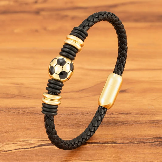 XQNI Men Leather Bracelet Simple Black Stainless Steel Button Football Ball Accessories Hand-woven Men Charm Jewelry Gifts