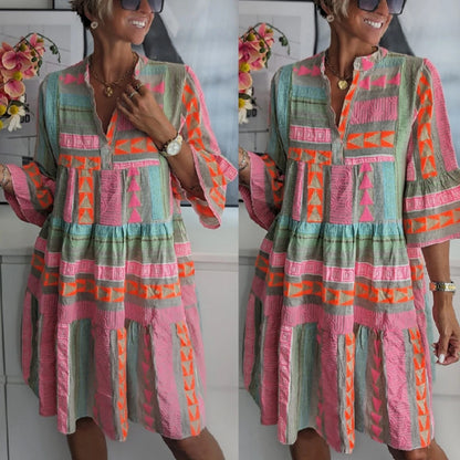 Elegant Women's Loose Casual Print Dresses Spring/Summer Fashion V-Neck Cotton Hemp 3/4 Sleeve Dress Women Streetwear S-XL