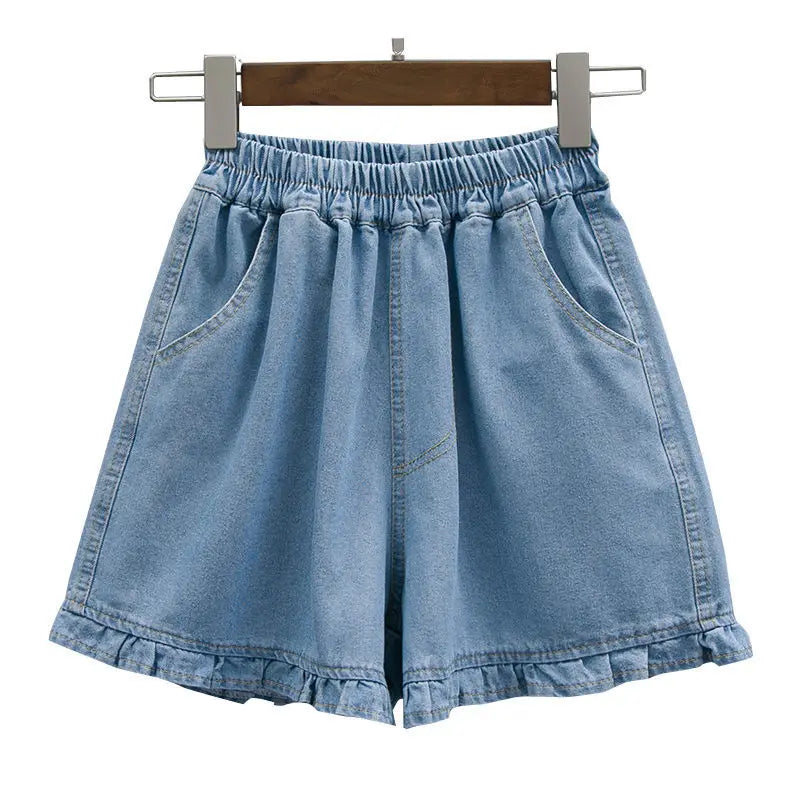 Short Pants for Woman To Wear Elastic Waist Women's Shorts Denim Mid Length Kawaii Cute Ruffle Knee Jeans Bermuda Half Outdoor