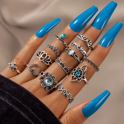 15pcs/set Hiphop Women Rings Sets Blue Crystal Antique Color Female Rings Moon Heart Butterfly Rings Party Gift anillos mujer
