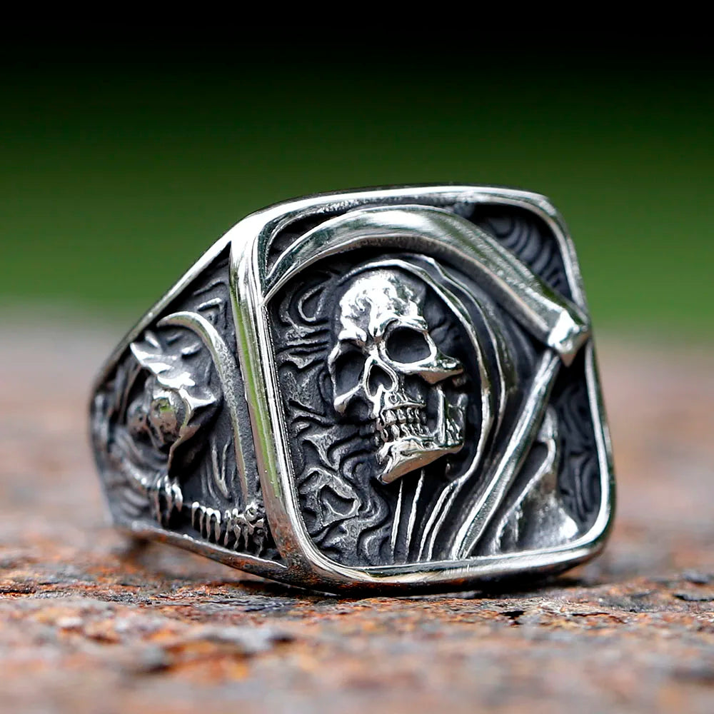 2023 Vintage Mens 316L Stainless Steel Rings for Men Death Sickle Domineering Skull Ring Men's Hip-hop Punk Party Jewelry Gift
