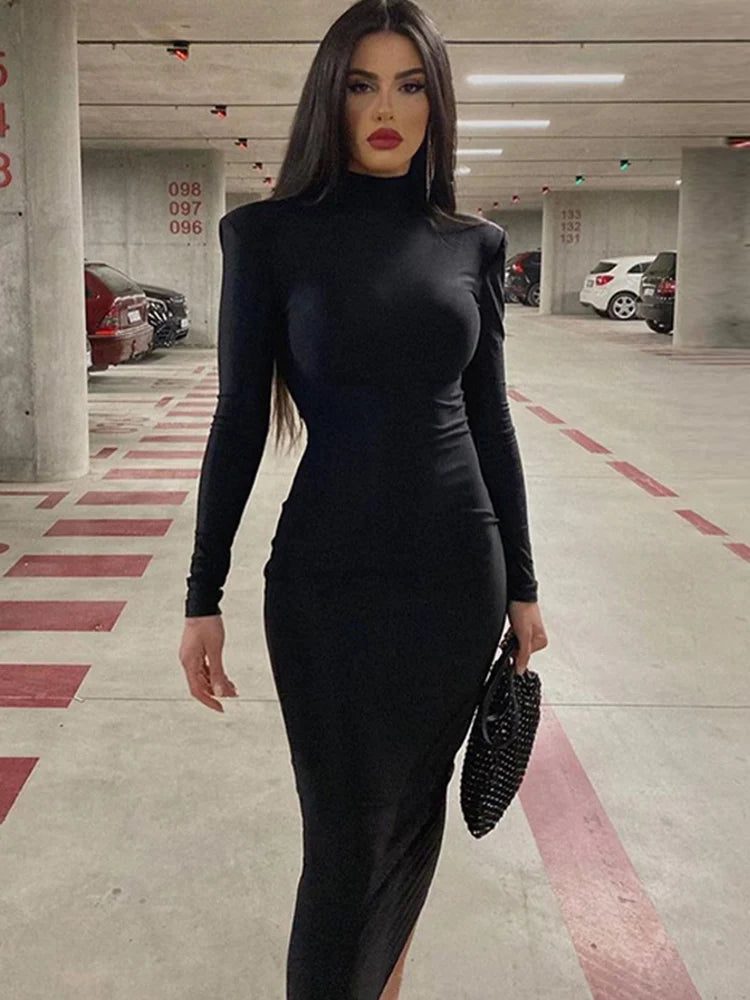CNYISHE Women Turtleneck Black Sexy Bodycon Maxi Dress 2022 Winter Casual Streetwear Costume Casual Going Out Dresses Women Robe