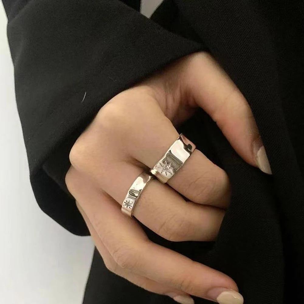 2pcs Y2K Shiny Star Opened Rings for Men Women Hiphop Star Zircon Stainless Steel Ring Punk Unisex Couple Rings Party Jewelry