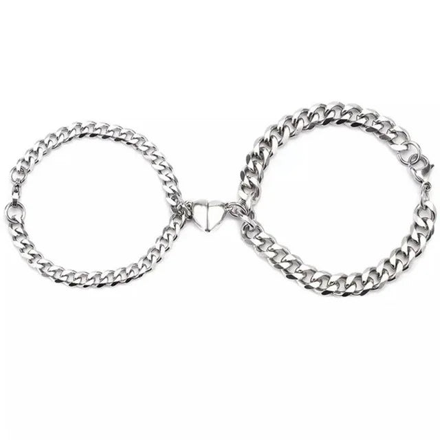 2pcs Silver Color Love Heart Magnet Couple Bracelets for Women Men Trendy Personality Double Layer Bracelet Lovers Jewelry Gifts