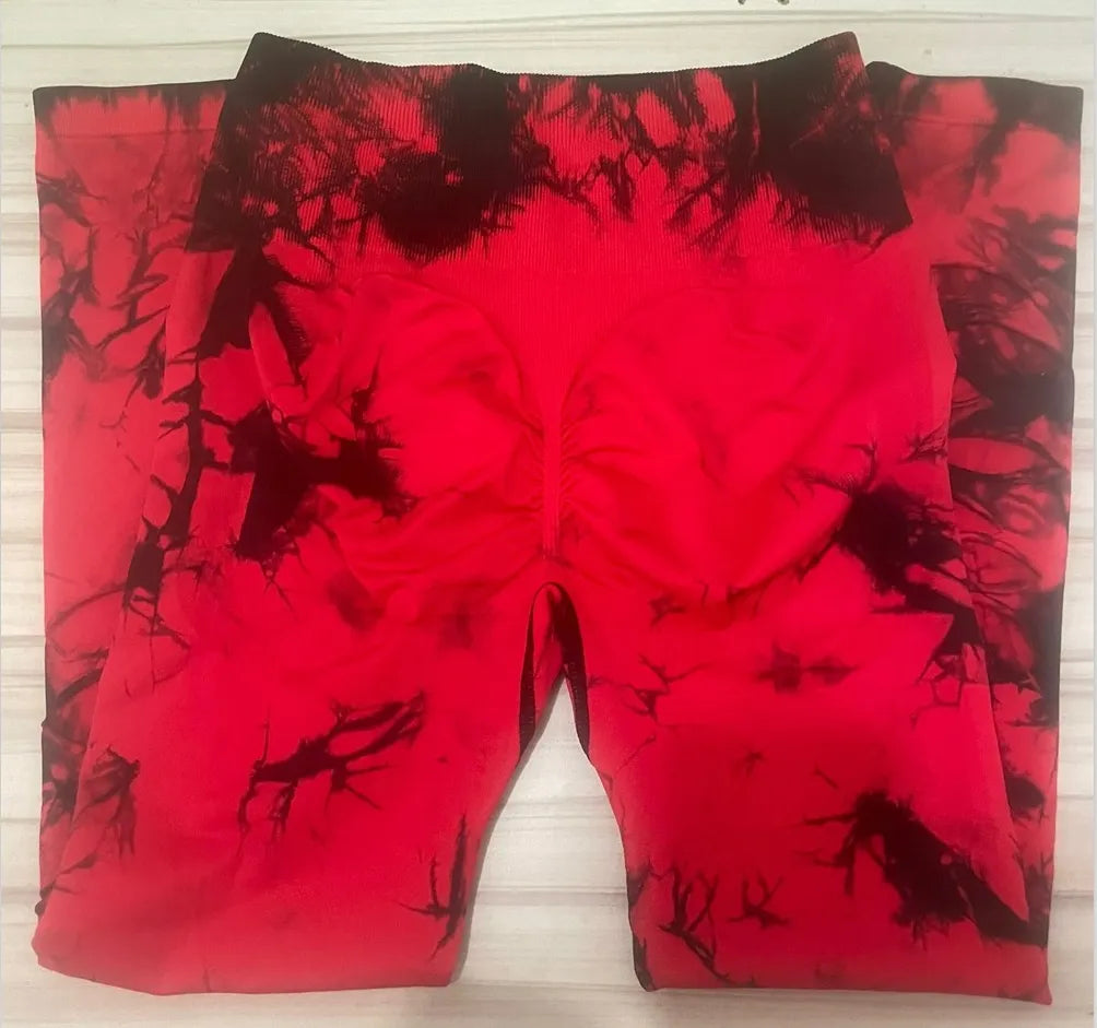 Women Tie Dye Hollow Out Leggings Sports Pants Fitness Sportswear Sexy High Waisted Push Up Gym Tights Red Running Leggings