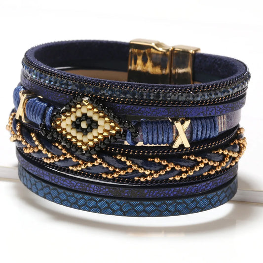 WYBU Multilayer Handwoven Leather Bracelet for Women Magnet Buckle Wide Bracelet Rice Bead Woven Devil's Eye Leather Bracelet