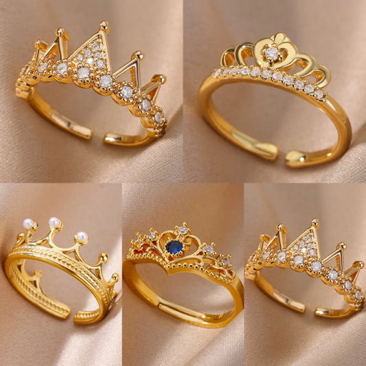 Zircon Crown Rings For Women Vintage Stainless Steel Gold Color Crown Open Ring Wedding Aesthetic Jewelry Gift bijoux femme
