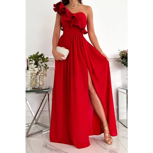Women's Sleeveless Ruffle Hem Split Party Dress, Elegant Long Dress, Chiffon Midi Dresses, Sexy, New, Summer, S-XXL, 2023