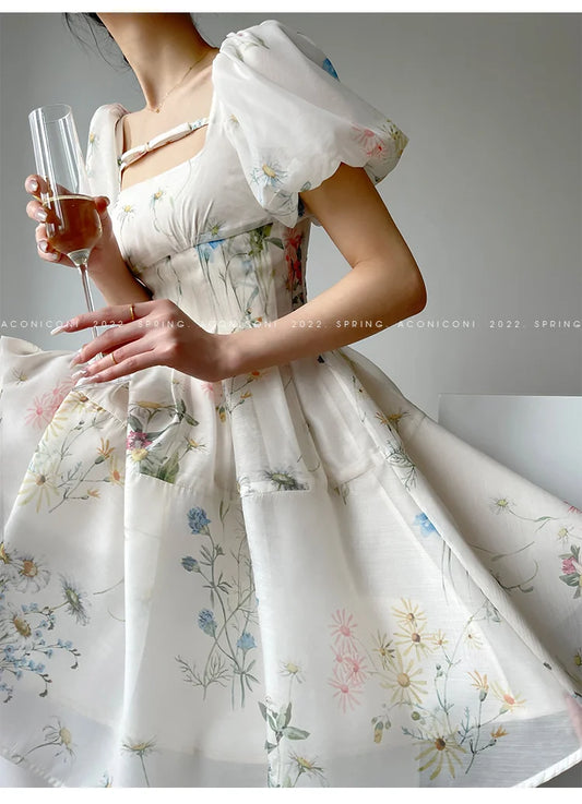 2023 Women's Dress French Elegant Flower Chiffon Party Evening Dress Beach Fairy Long Sleeve Korean Summer Plus Size Midi Dress