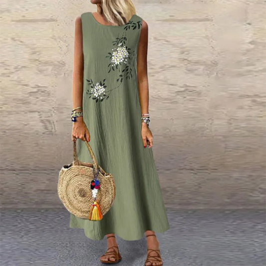 2023 Woman Summer Dress Vintage Cotton Linen Sleeveless Flowers Printed Long Dress Casual Loose Clothing Streetwear Maxi Dresses