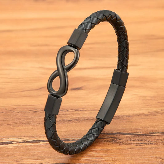 XQNI Leather Bracelet Infinity Shape Special Popular Pattern Men's Bracelet for Men Stainless Steel Jewelry Accessories Gift