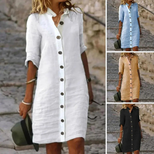 Elegant Women's Dresses 2023 Spring/Summer Cotton Hemp Short Sleeve Medium Length V-Neck Dress Lady Robe S-5XL