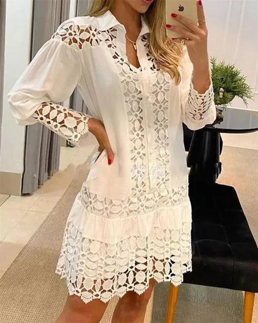 2023 Spring Shirt Dress Guipure Lace Patch with Cami Dresses Women White Wedding Hollow Out Loose Y2k Party Holiday Vestido
