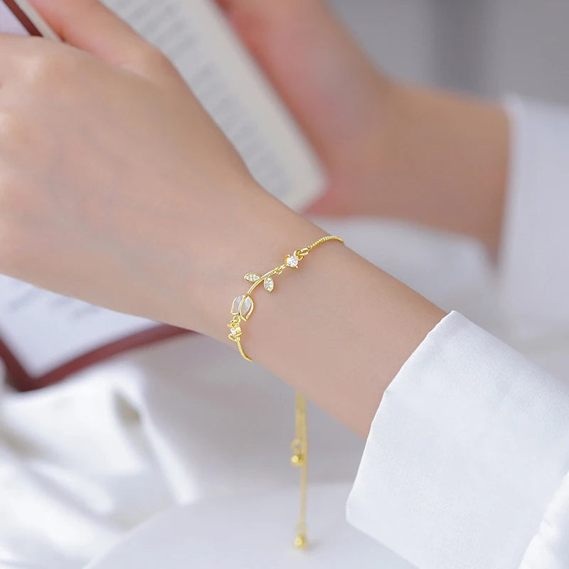 1PC Korean Light Luxury Tulip Flower Bracelet For Women Shiny Zircon Opal Beaded Adjustable Charm Bracelet Trendy Jewelry