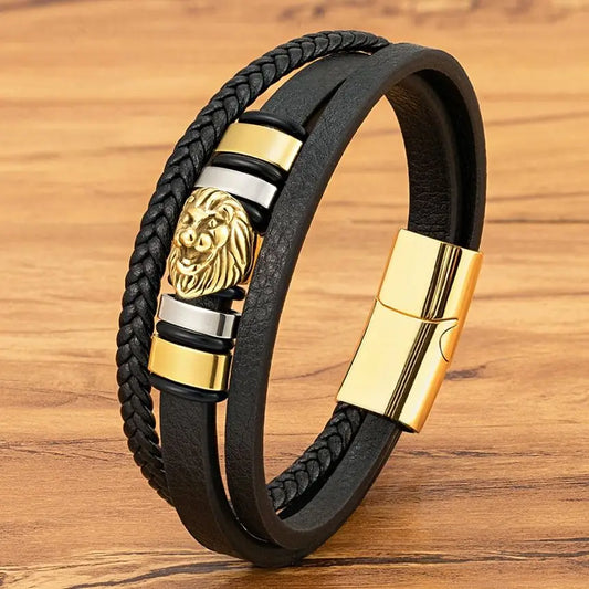 XQNI 3 Colors Men Leather Bracelet Stainless Steel Lion Bead Charm Fashion Punk Multi-Layer Bracelets for Male Jewelry Gift