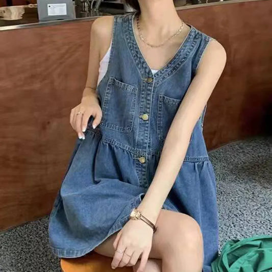Biyaby Sleeveless Strap Dress Women 2023 Summer Single-Breasted Pockets Denim Dresses Woman Korean Style Loose A Line Mini Dress