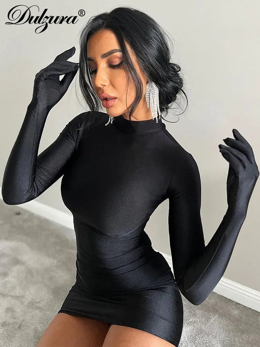 Dulzura Solid Long Sleeve With Gloves Mini Dress Bodycon Sexy Streetwear Party Half Turtleneck Outfits Y2K Clothes Wholesale
