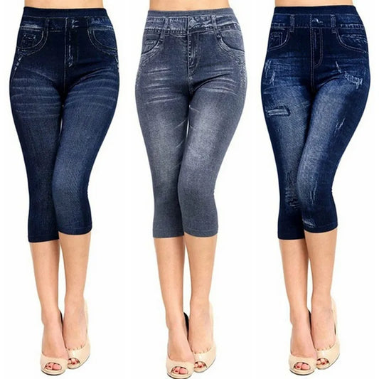 Faux Denim Jeans Leggings Big Size Fashion Slim Elastic Trousers Cropped Pants Summer Breeches Shorts Women Bottoms 2023 Women
