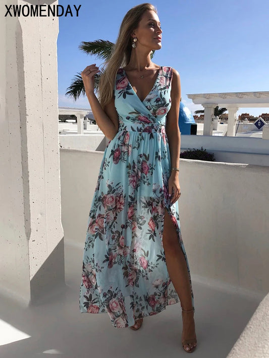 Chiffon Dress Pink Elegant Ladies Flroal Print Split Beach Holiday Long Maxi Dresses For Women Summer Clothes New Arrival 2022